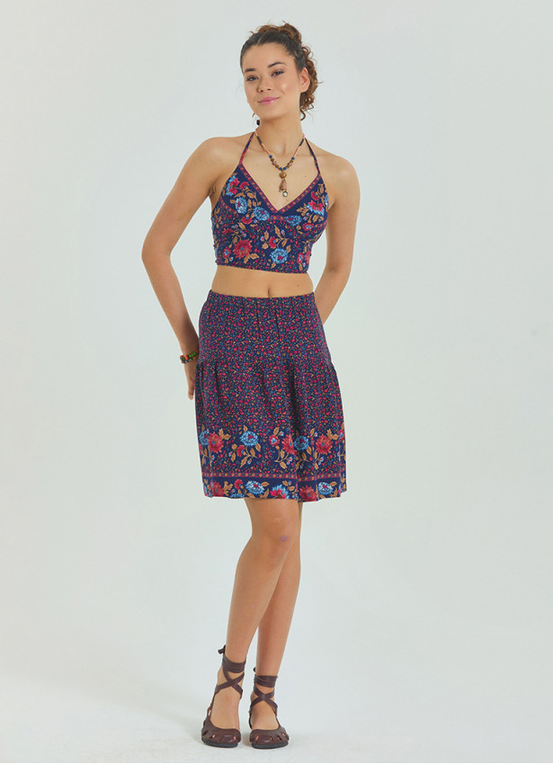 Halter Neck Open Back Pink Floral Crop Blouse 4615
